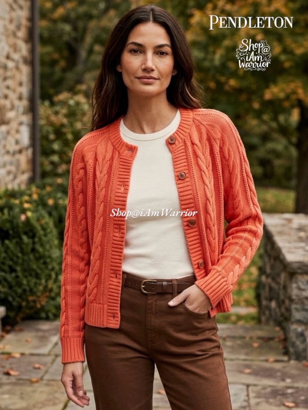 Pendleton Heritage Burnt Orange Cable Knit Cotton Button Front Cardigan Sweater